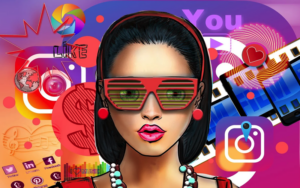 casino influencer - a fashionable woman surrounded by social media icons